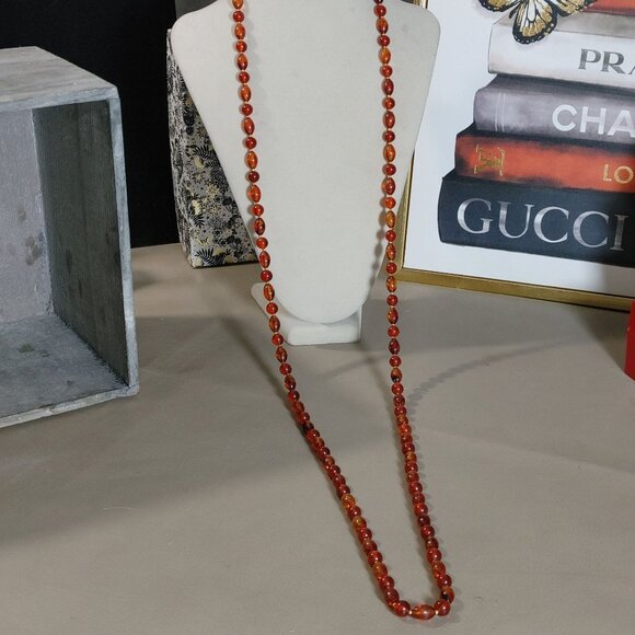 Hobe Necklace Vintage Brown Red Ambar Lucite Bead Gold Tone Accents 54 Inches - Picture 6 of 16
